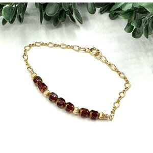 Red Garnet and Gold Tone 14KTGF Beaded Bracelet